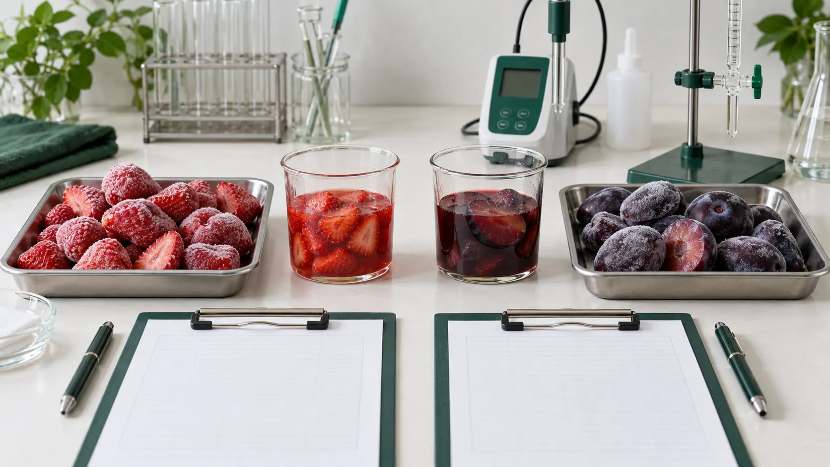 Frozen strawberry and plum samples with thawed fruit and lab sheets