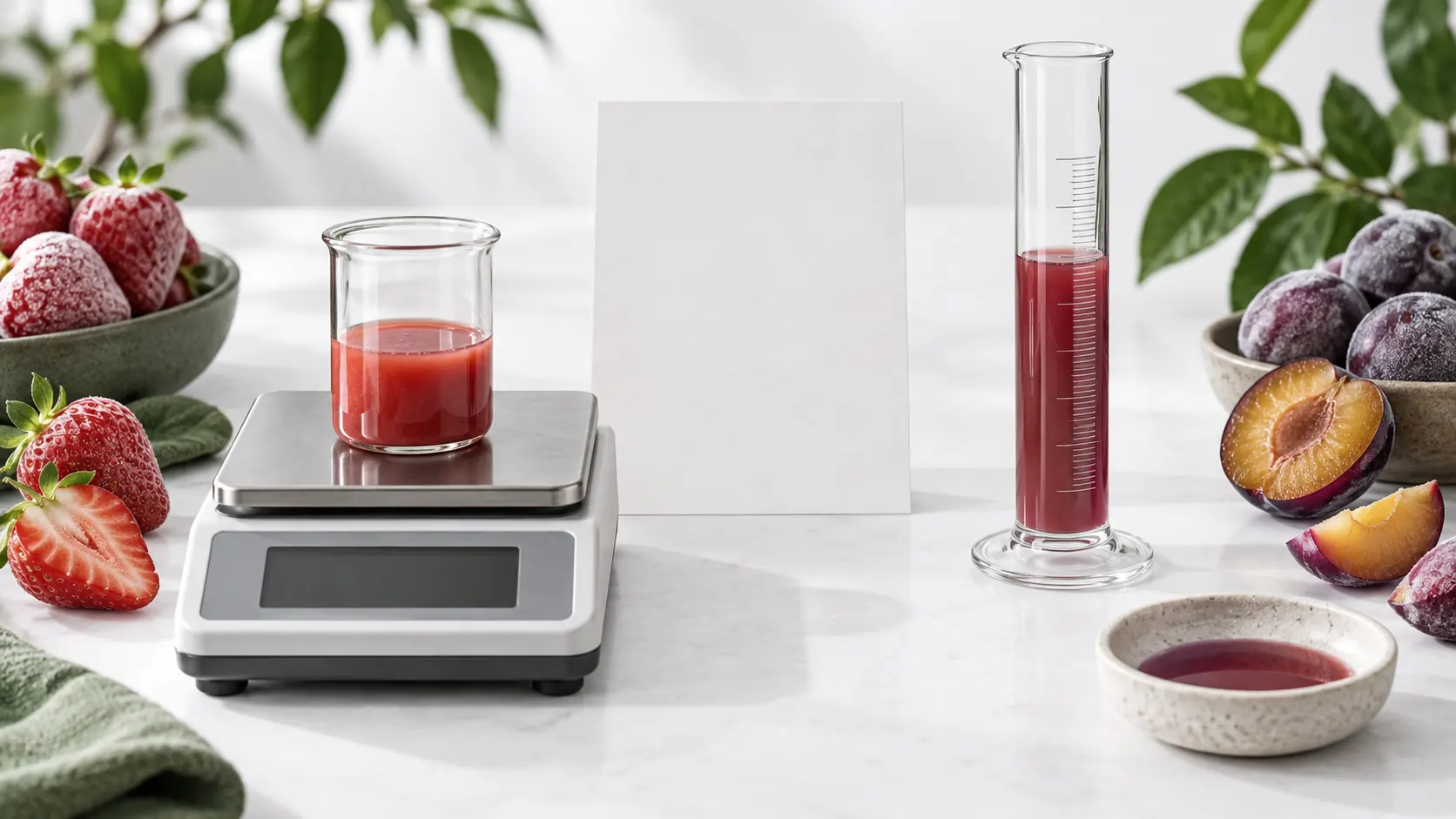 Fruit liquid on a balance beside a graduated cylinder
