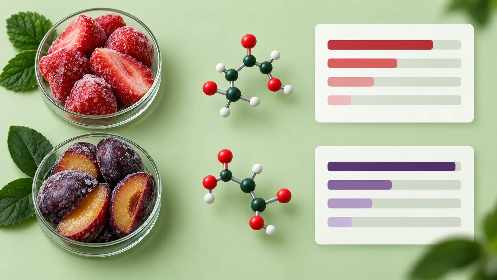 Strawberry and plum samples with symbolic acid models and blank charts