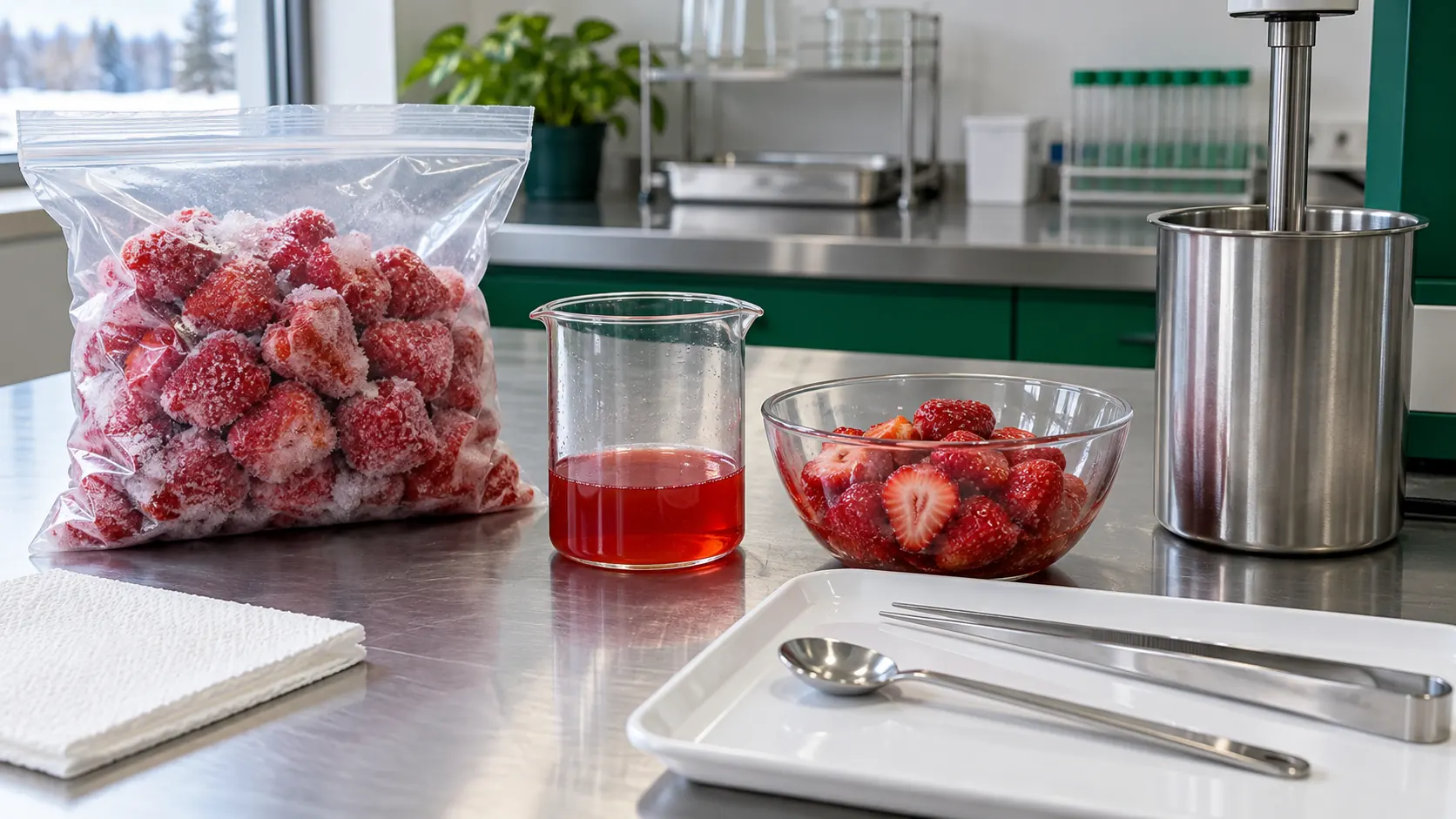 Frozen strawberries, thawed fruit and retained juice on a lab bench