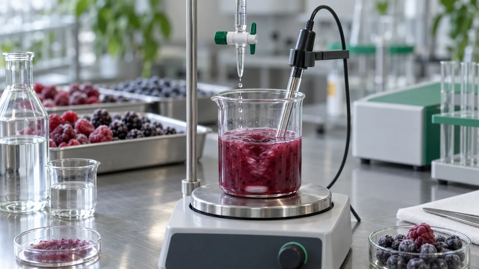 Burette and pH probe in a berry sample beaker