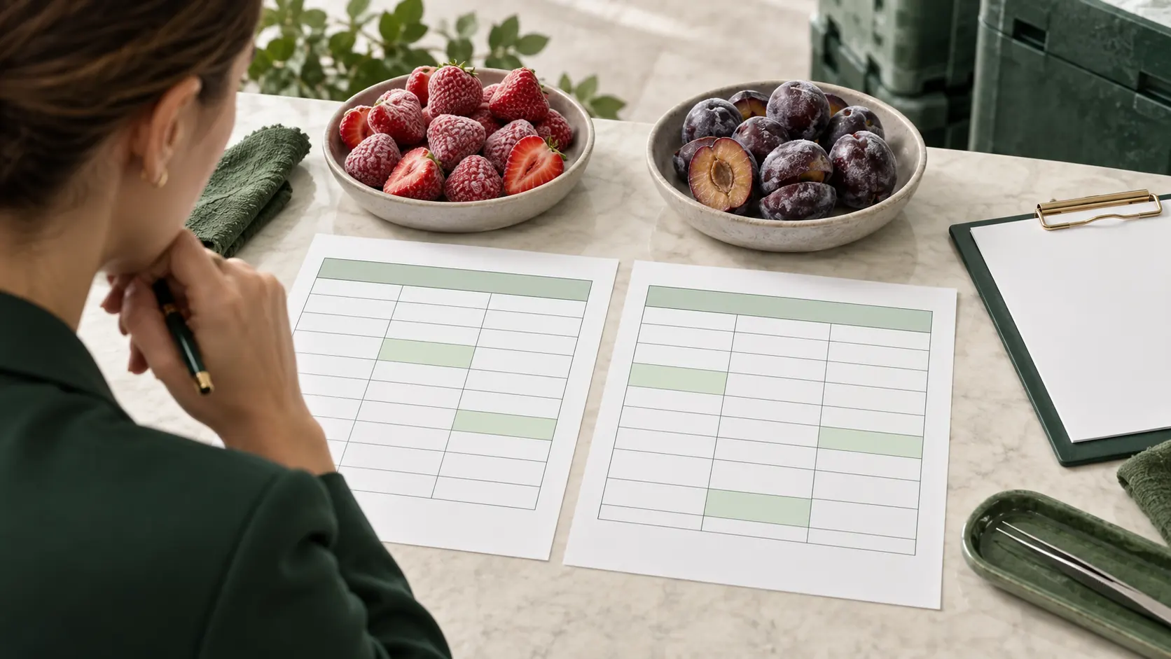 Two blank comparison grids beside strawberry and plum samples