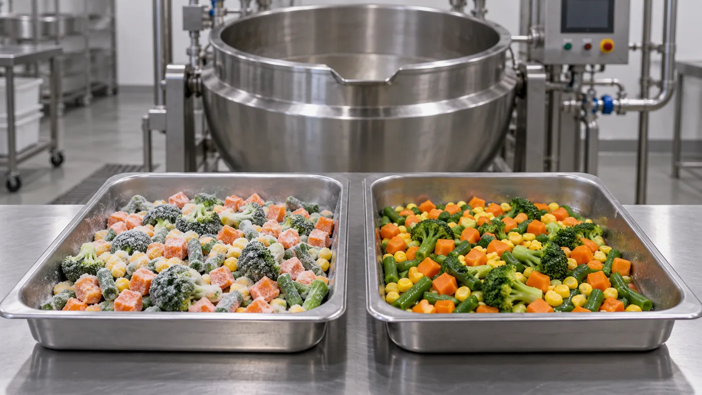 Frozen and thawed vegetable trays beside a processing kettle Frozen and thawed vegetable trays beside a processing kettle