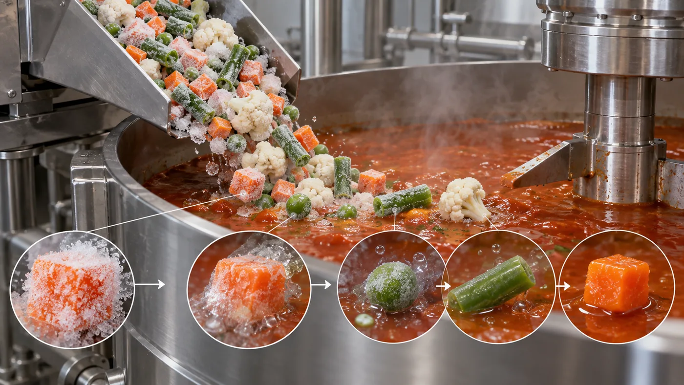 Frozen vegetable pieces entering warm sauce with ice changing state Frozen vegetable pieces entering warm sauce with ice changing state