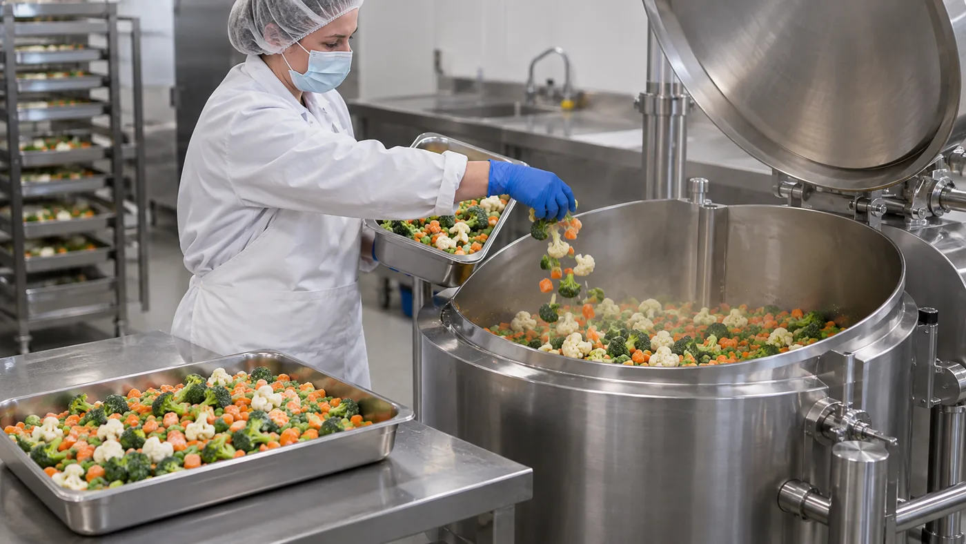 Operator adding frozen vegetables to a commercial kettle in portions Operator adding frozen vegetables to a commercial kettle in portions