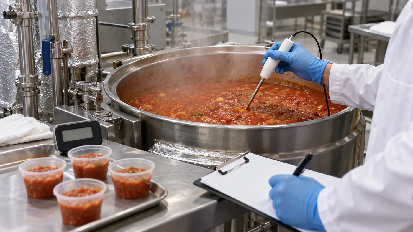 Probe and stage samples beside a kettle of vegetable sauce Probe and stage samples beside a kettle of vegetable sauce