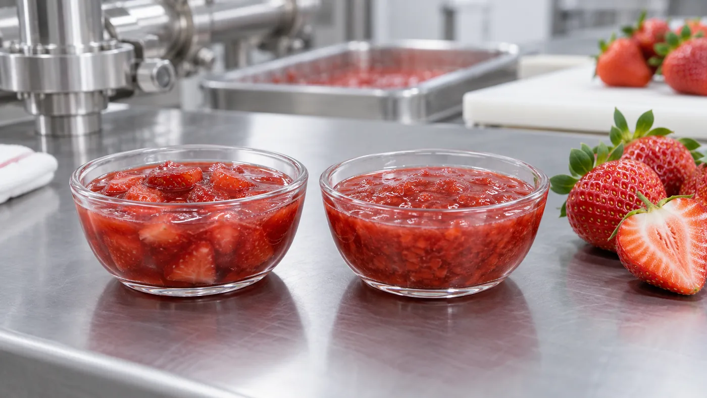 Two strawberry sauce samples with different retained piece sizes Two strawberry sauce samples with different retained piece sizes