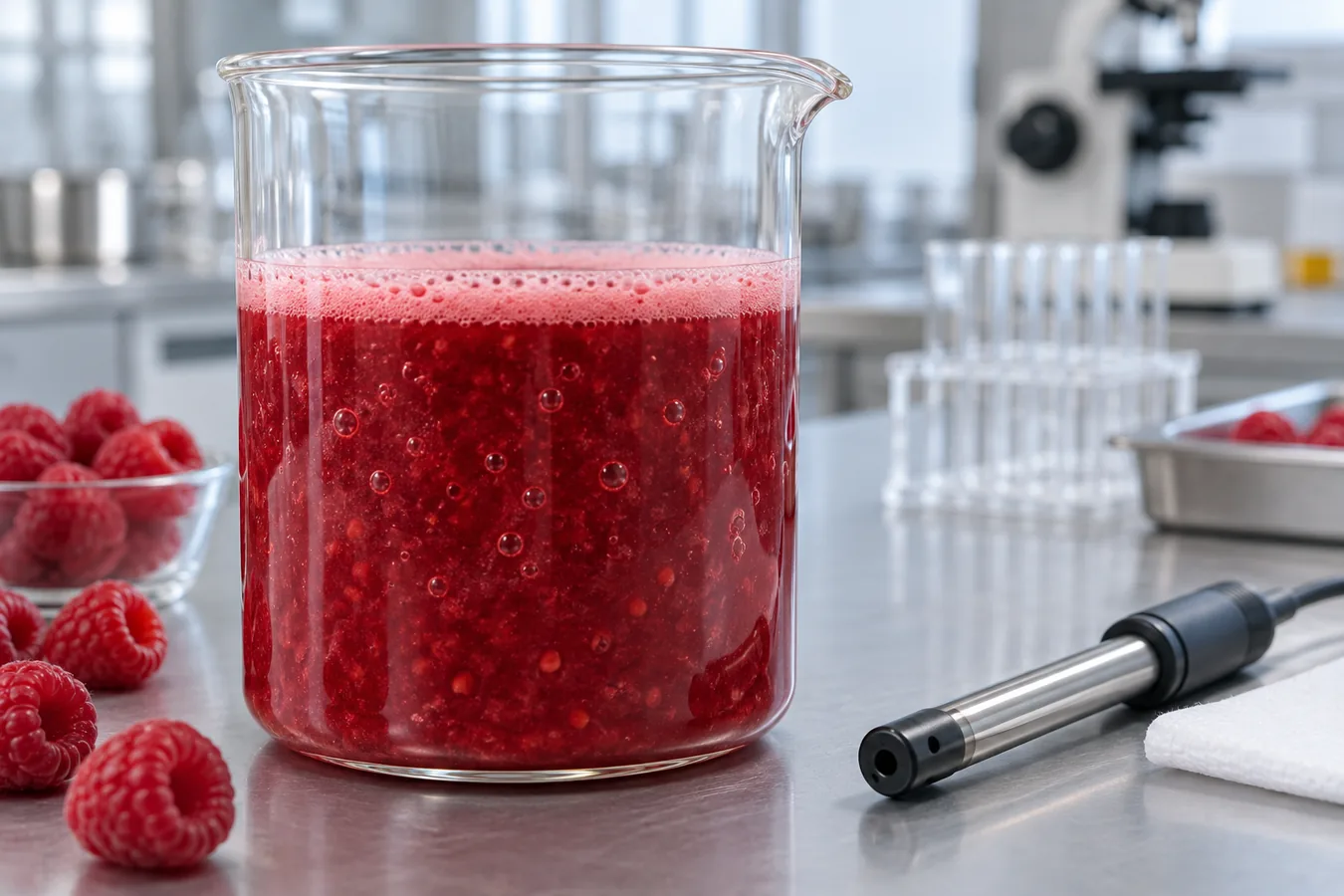 Thawed raspberry puree showing surface foam and entrained bubbles Thawed raspberry puree showing surface foam and entrained bubbles