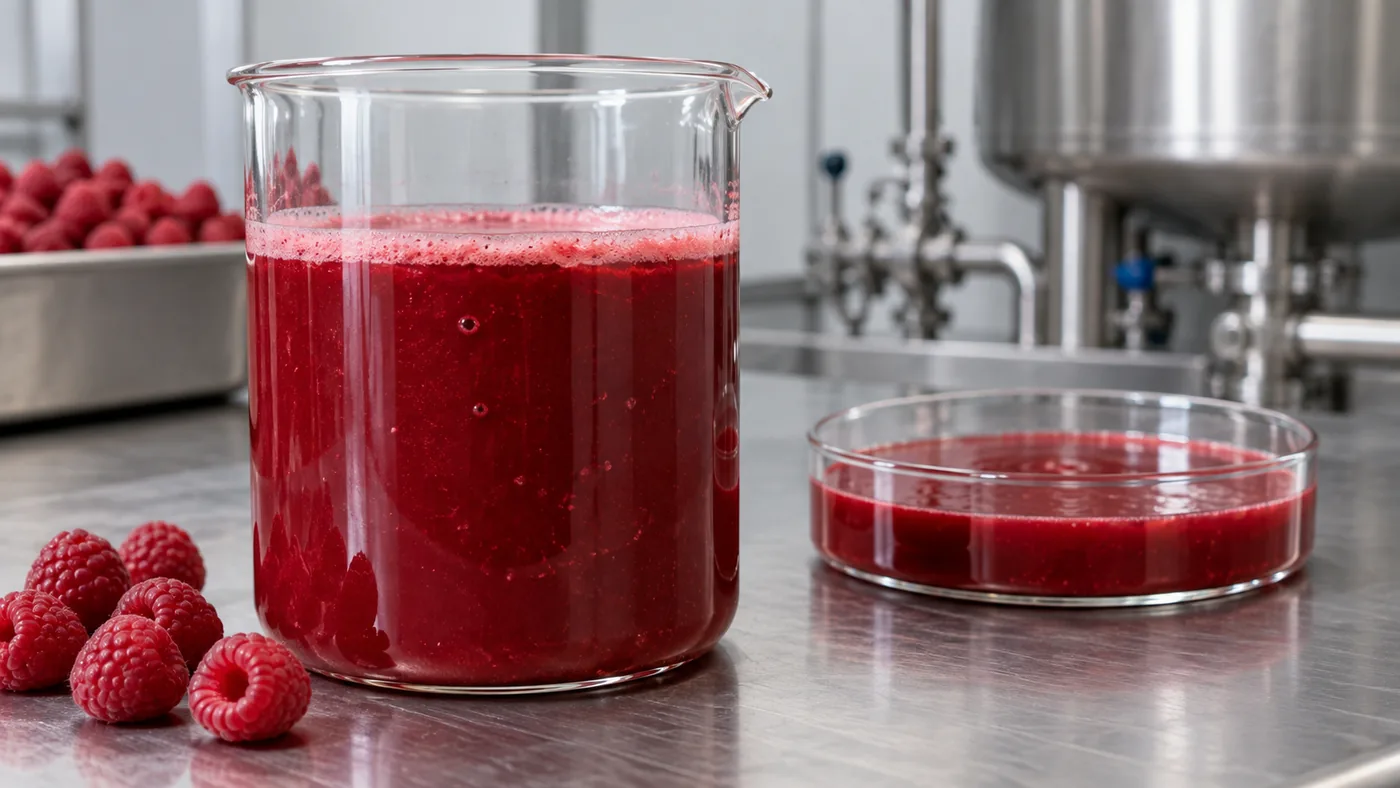 Raspberry puree vessel with foam and submerged bubbles beside a still sample Raspberry puree vessel with foam and submerged bubbles beside a still sample
