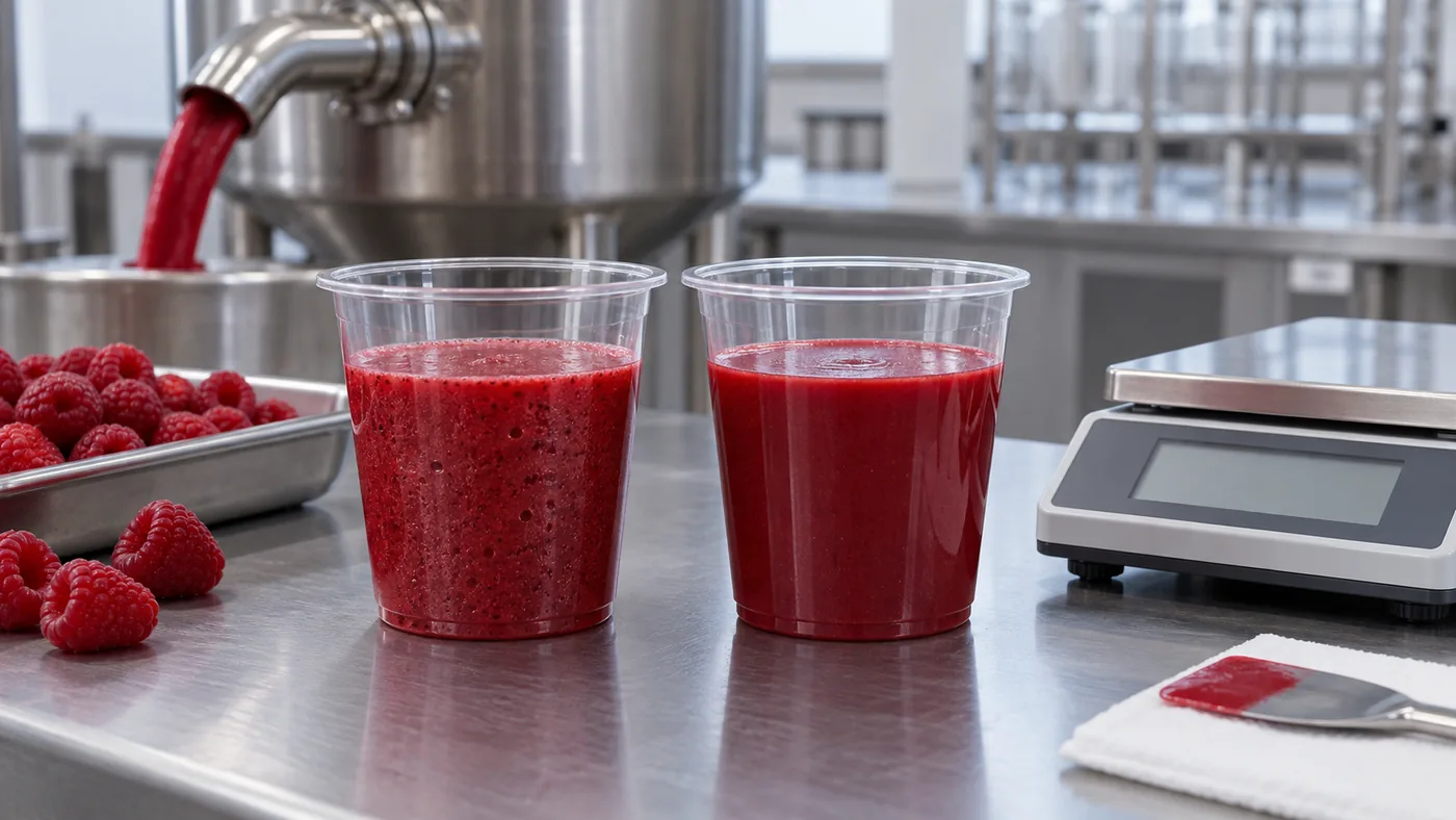 Two raspberry puree cups at similar fill height with different visible bubbles Two raspberry puree cups at similar fill height with different visible bubbles