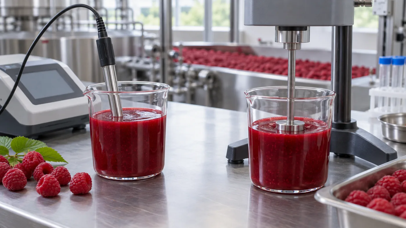Separate oxygen probe and viscosity spindle in raspberry puree aliquots Separate oxygen probe and viscosity spindle in raspberry puree aliquots