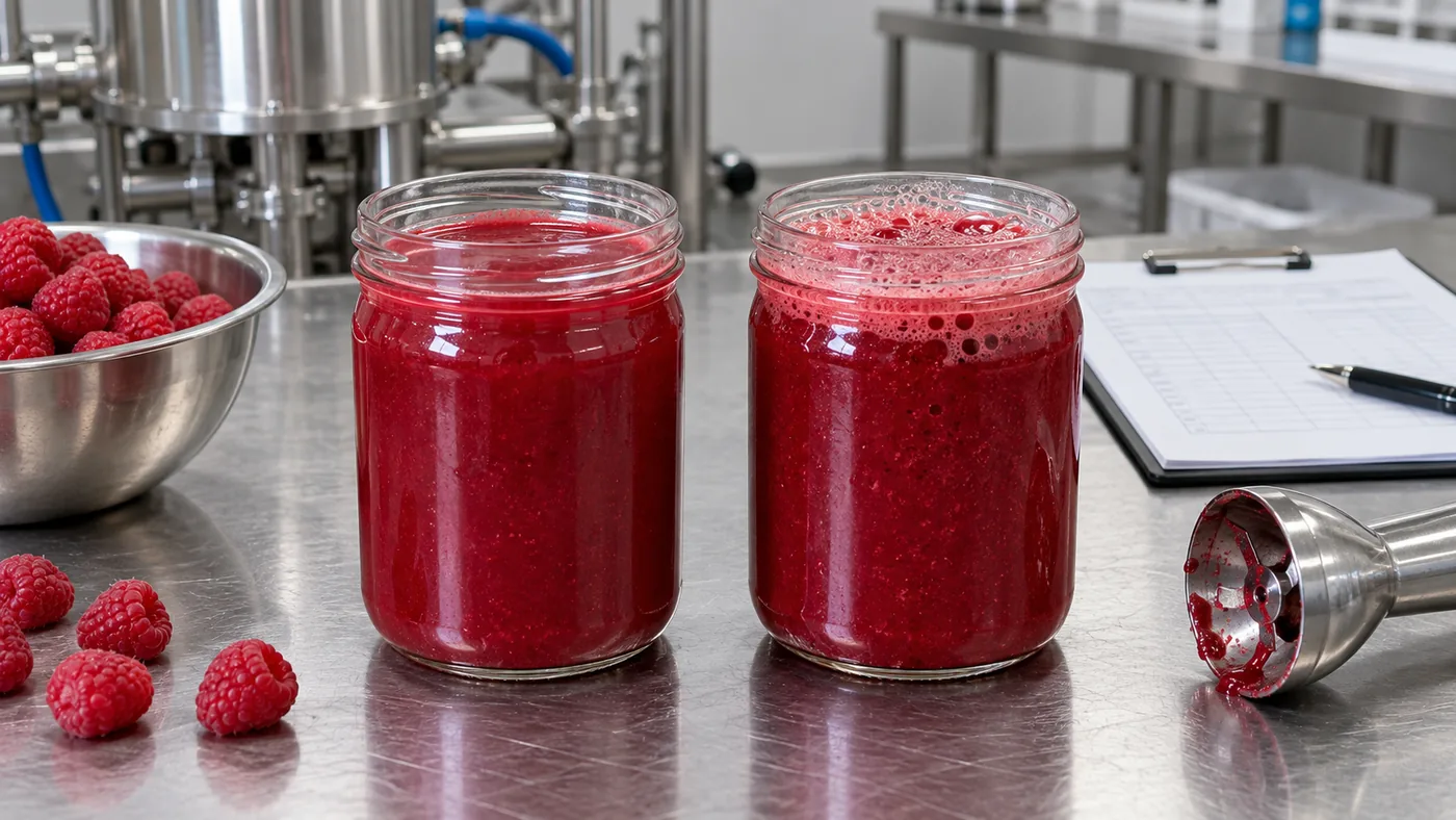 Two raspberry puree jars with different surface foam after handling Two raspberry puree jars with different surface foam after handling