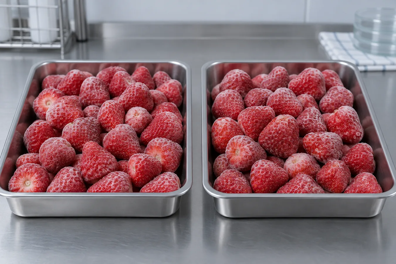Two matched trays of frozen strawberries for a controlled comparison