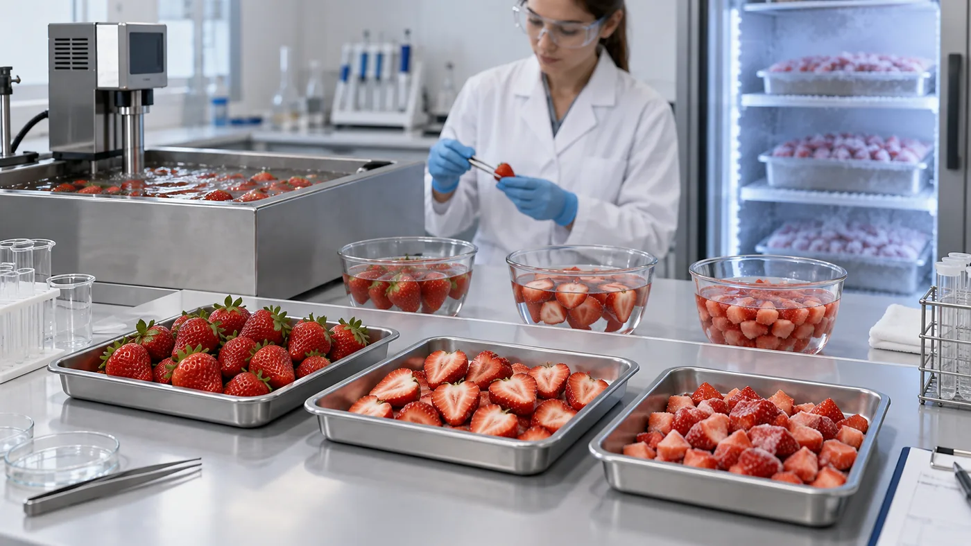 Whole and cut strawberries with bath and freezing equipment on a research bench