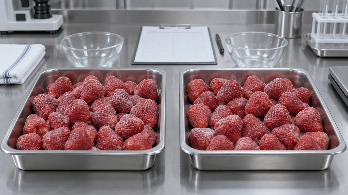 Matched trays of whole frozen strawberries beside blank trial records