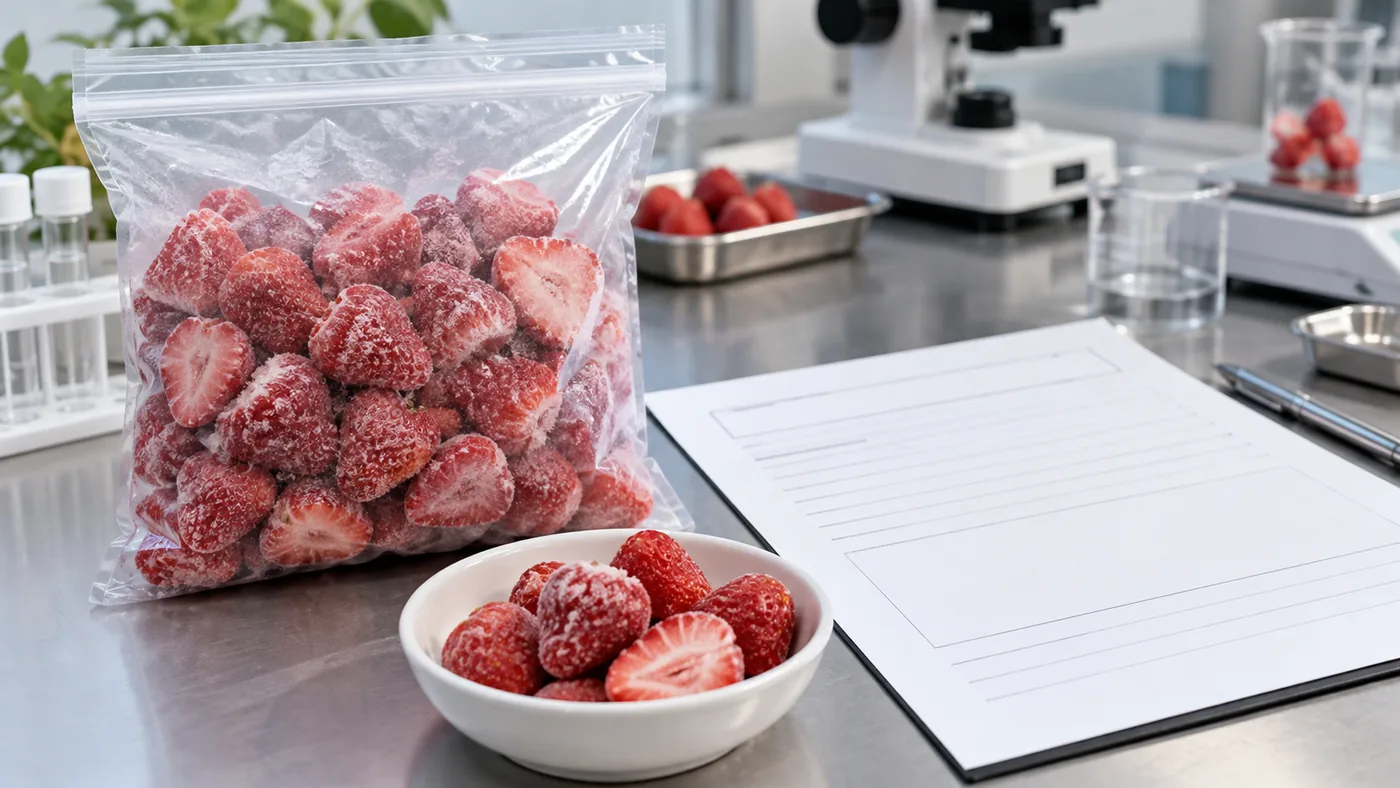 Frozen strawberry bag beside blank ingredient declaration form
