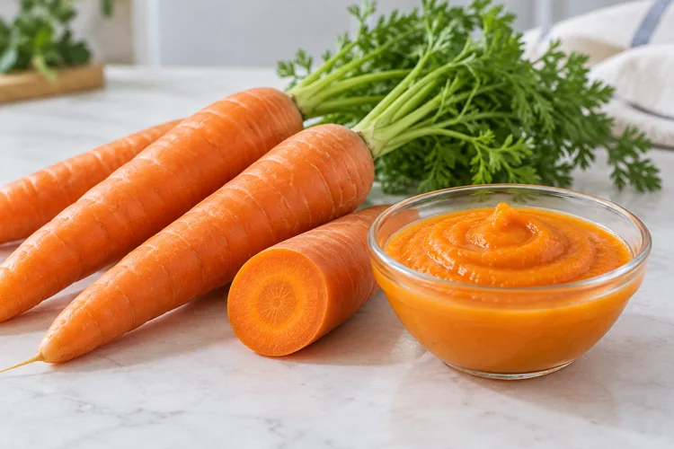 Illustrative carrots and puree; appearance does not diagnose bitterness.