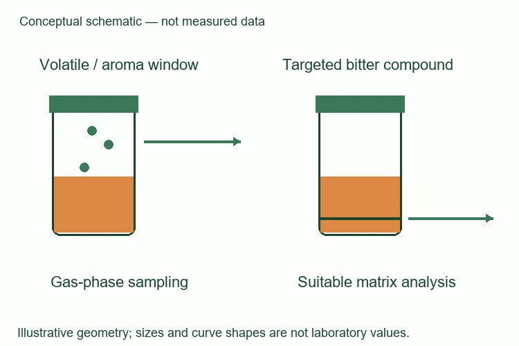 Different analytical windows address volatile aroma and a targeted bitter hypothesis.
