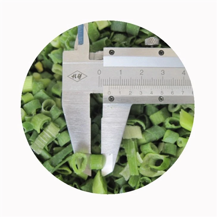 Caliper checking a fine IQF frozen green onion ring cut
