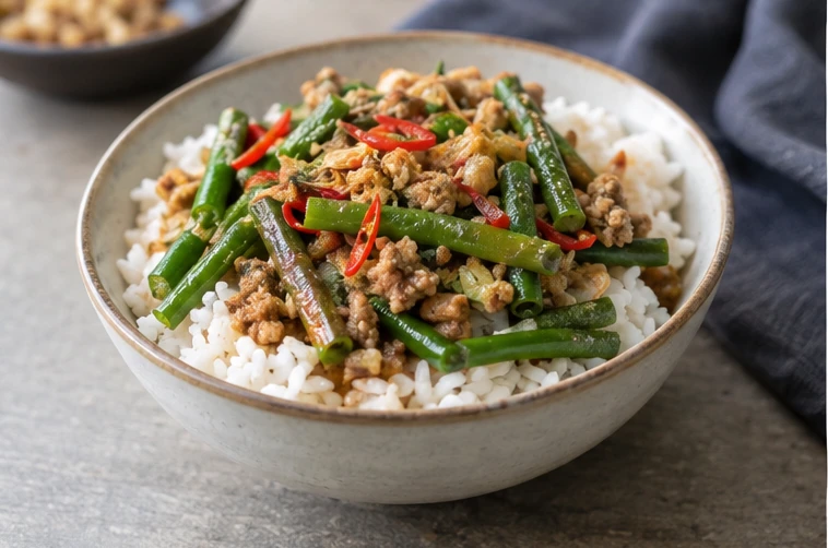 Yardlong bean rice bowls application illustration for Frozen Long Bean