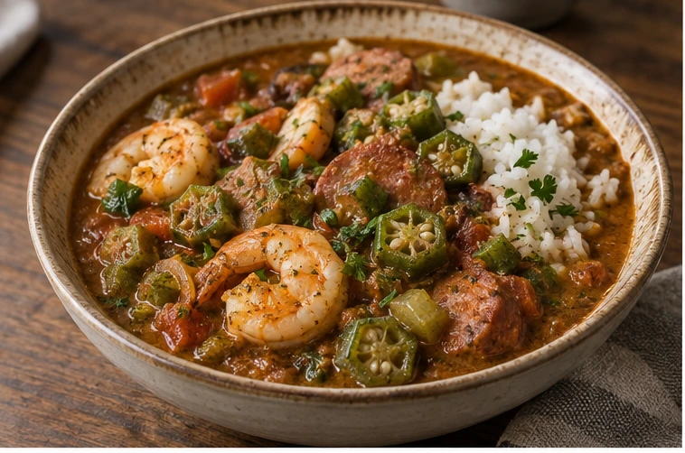 Gumbo and seafood stew application illustration for Frozen Okra
