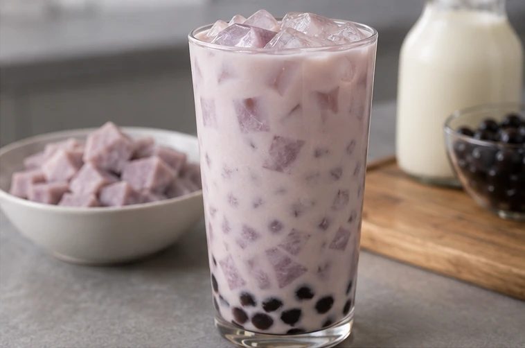 Taro milk tea inclusions application illustration for Frozen Taro