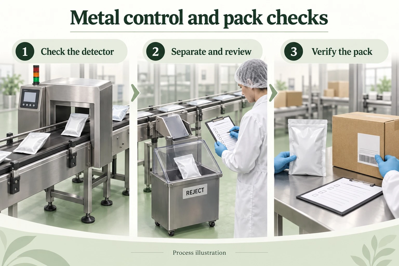 Illustrated detector check, reject review and sealed pack verification
