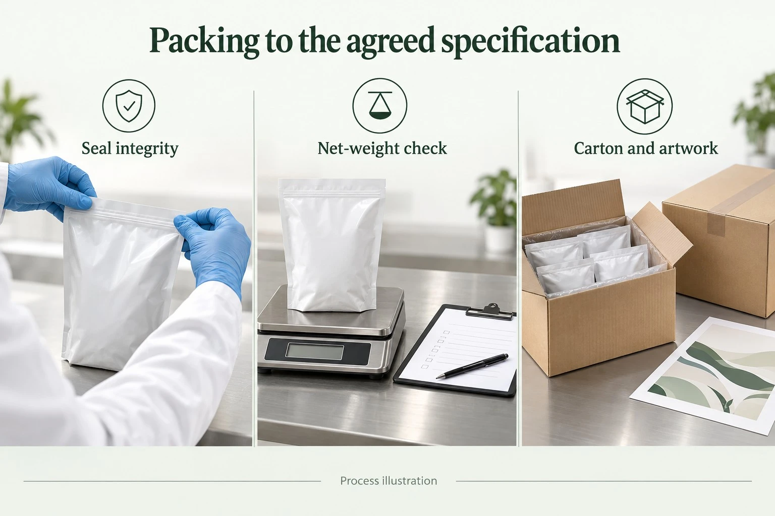Illustrated pouch seal, net-weight and carton artwork checks