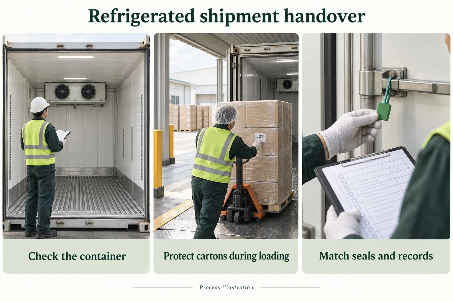 Illustrated refrigerated container handover and shipment record checks