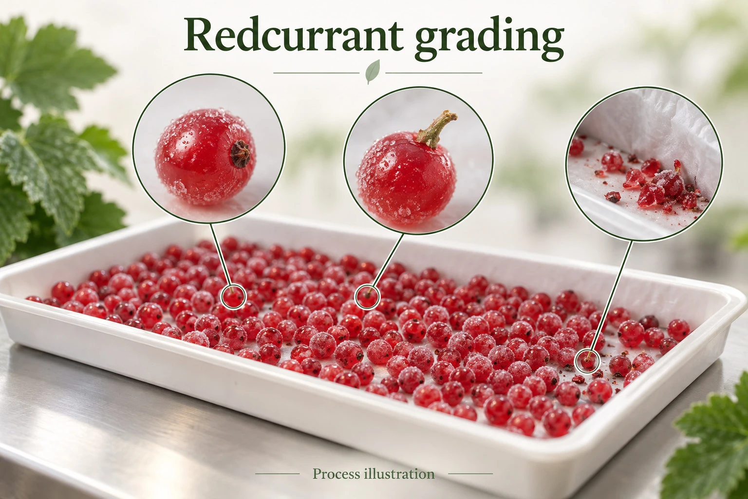 Concept illustration of loose frozen redcurrants checked for stems and broken berry fines