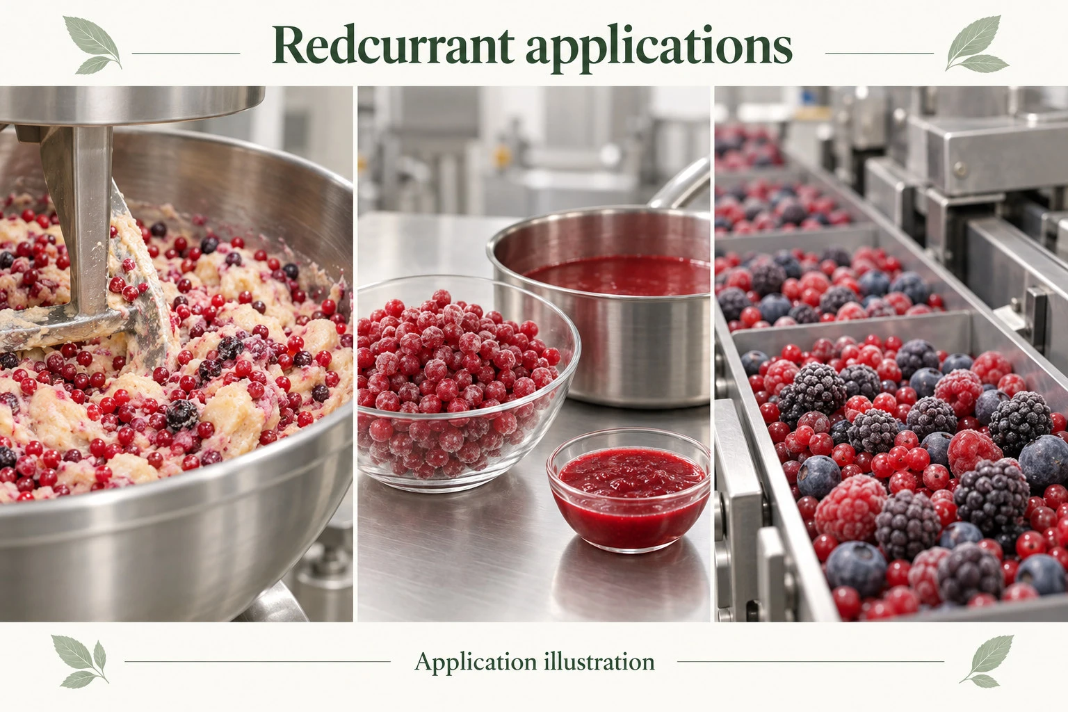 Concept illustration of redcurrants in bakery fruit preparation, sauce processing and mixed berries