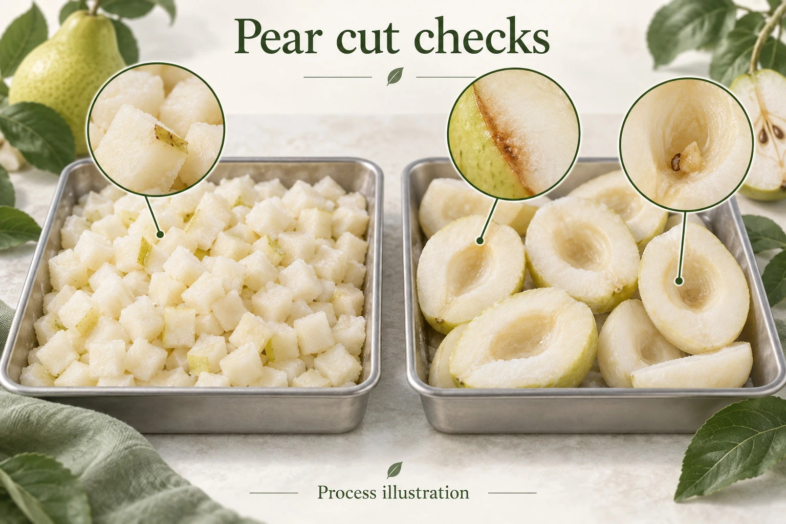 Concept illustration of peeled pear dice and cored halves with browning, peel and cavity checks