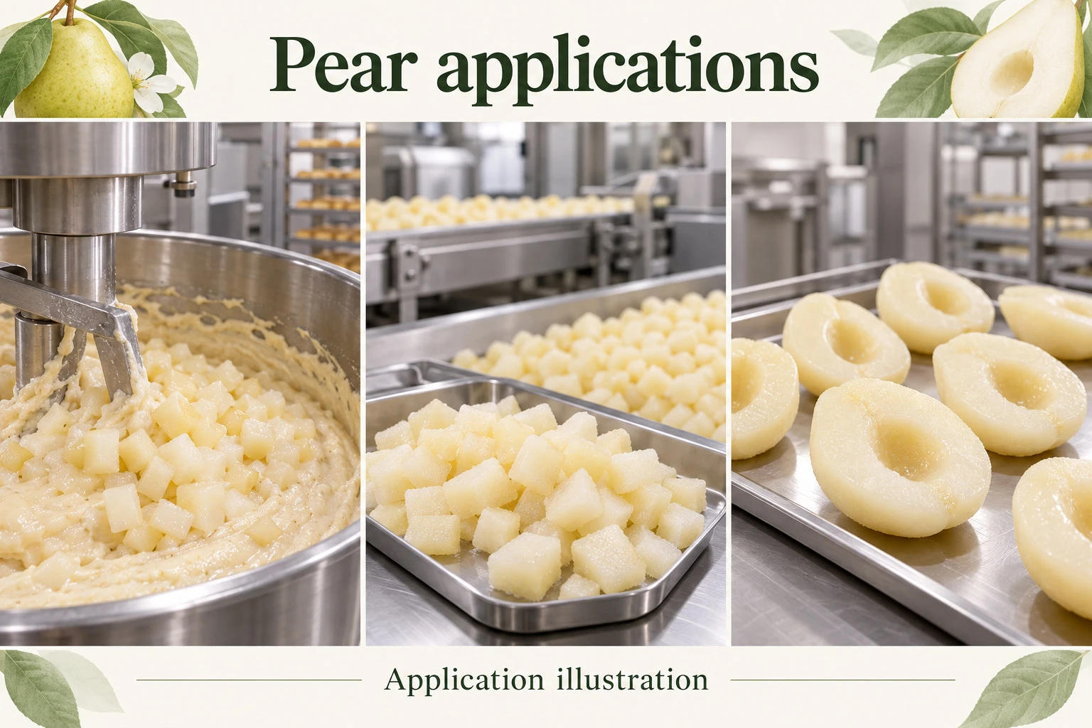 Concept illustration of pear dice for industrial bakery and fruit preparation and cored halves for foodservice