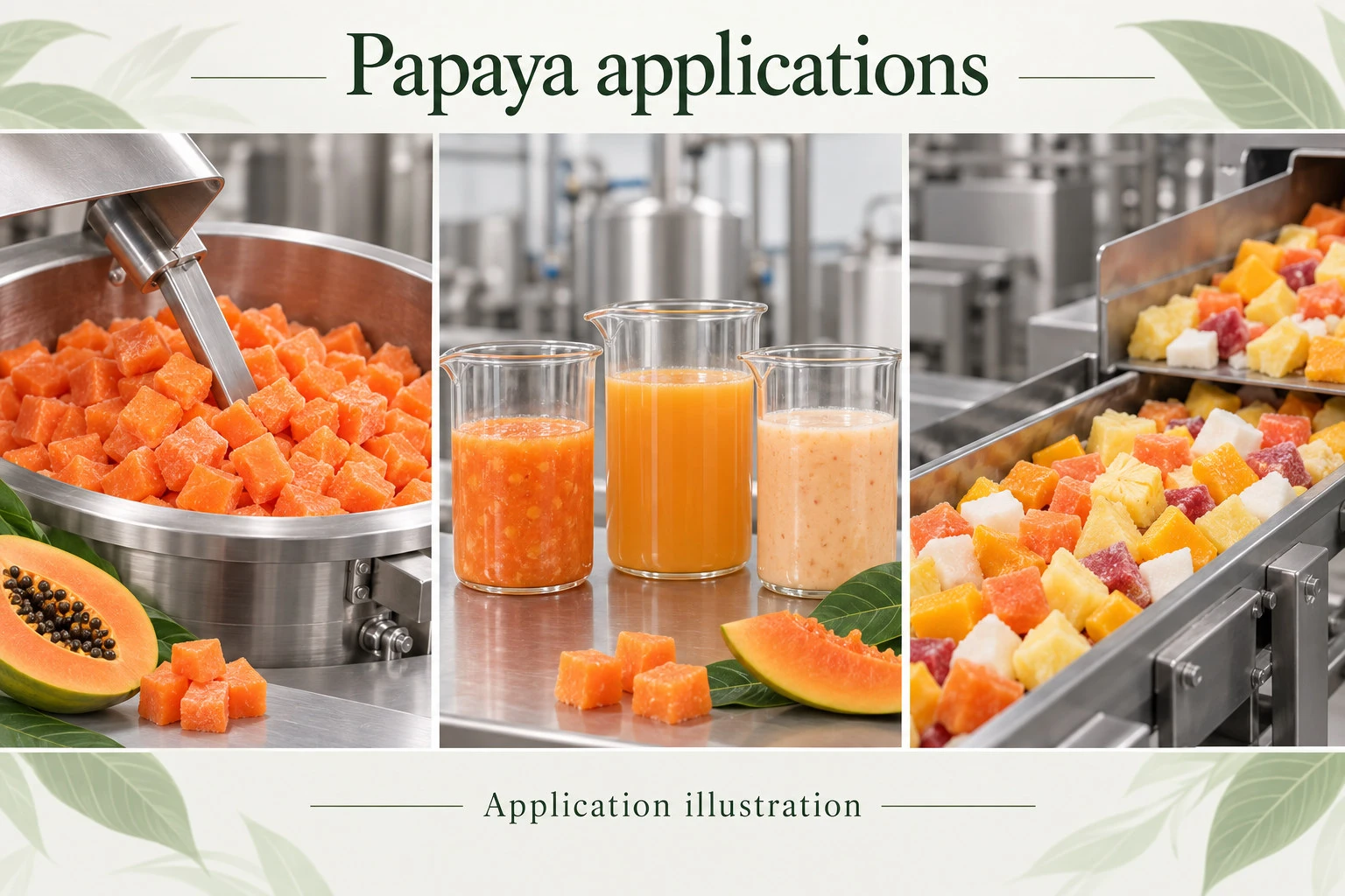 Concept illustration of papaya dice in fruit preparation, beverage trials and tropical fruit blending
