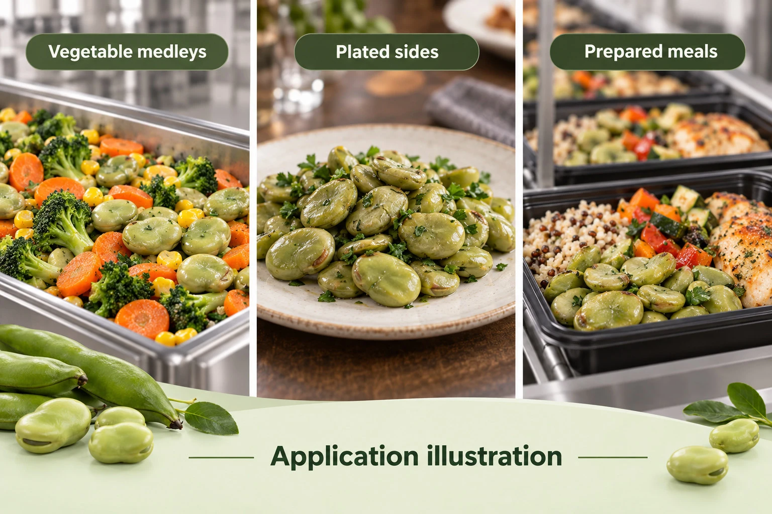 Shelled skin-on broad beans in vegetable medleys, plated sides and prepared meals