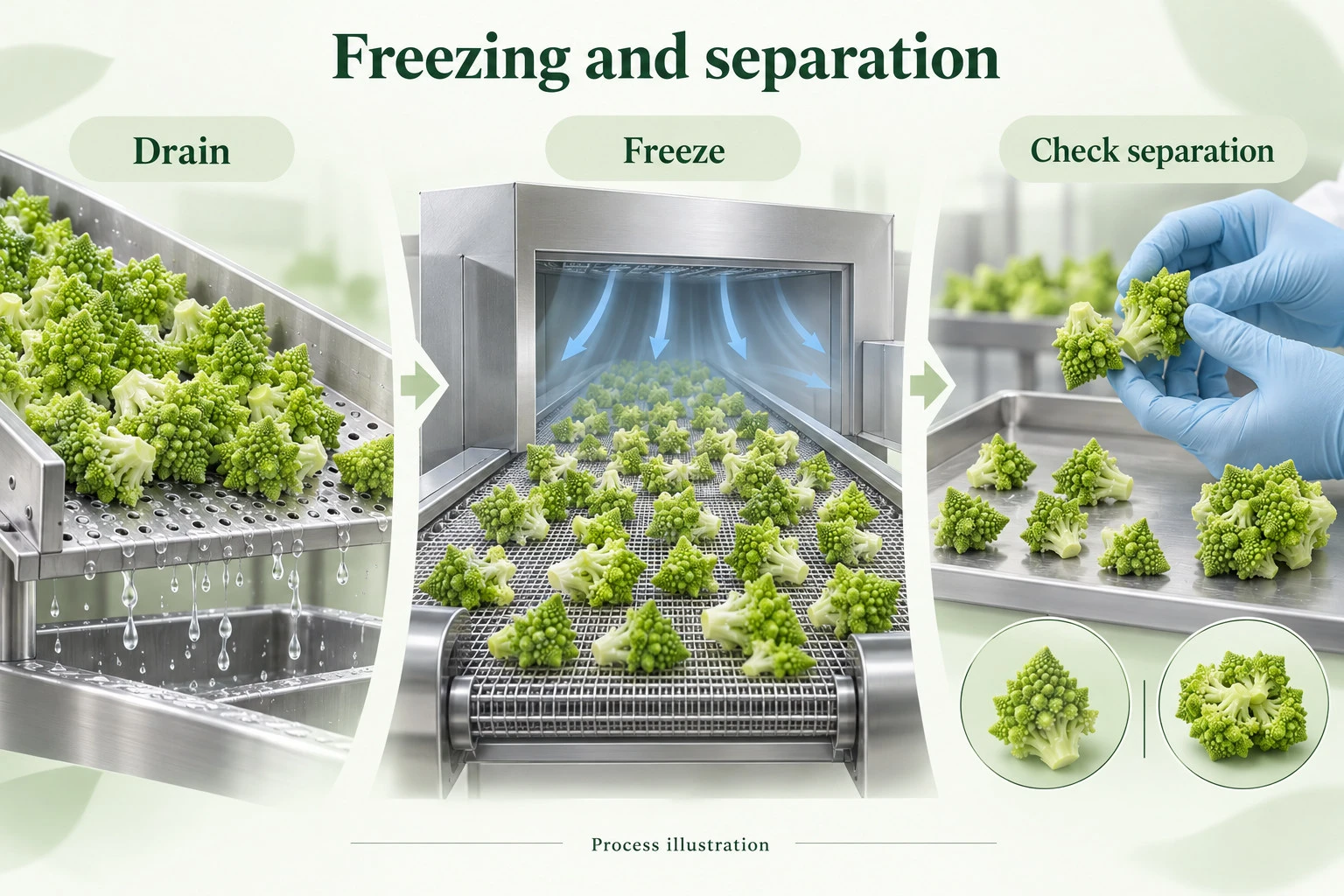 Illustrated draining, freezing and separation checks for Romanesco florets