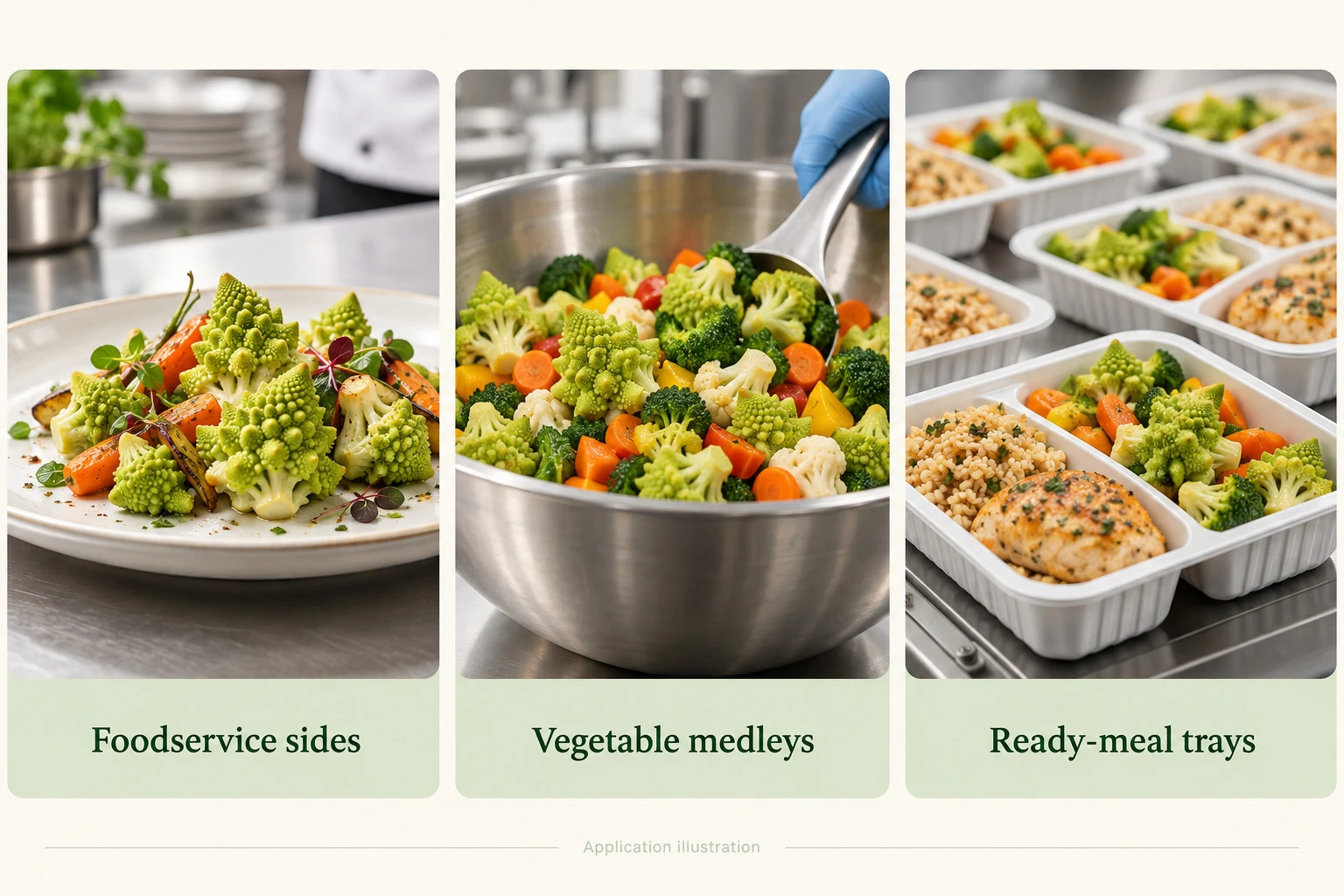 Romanesco florets in foodservice sides, vegetable medleys and ready-meal trays