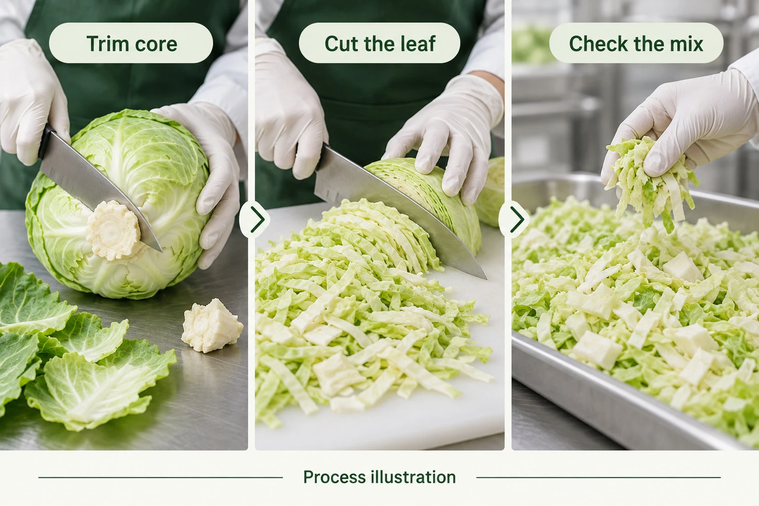 Heading cabbage core trimming, leaf cutting and mixed-cut inspection illustration