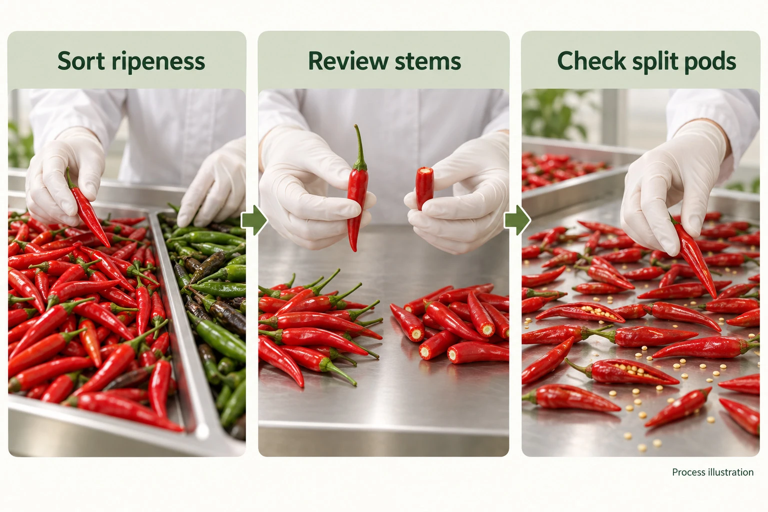 Whole red chilli pod ripeness, stem and split-pod inspection illustration