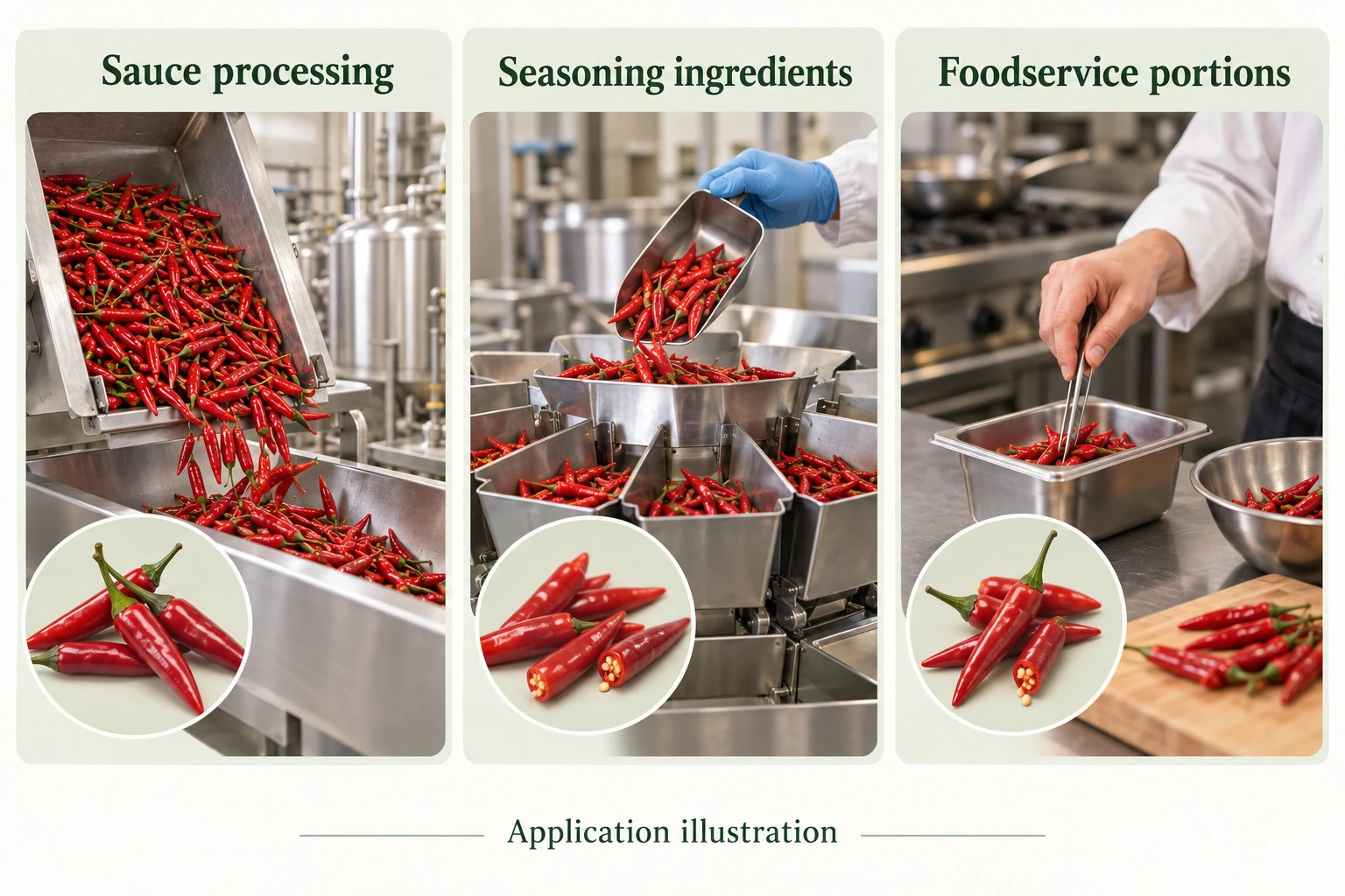 Whole red chilli peppers in sauce processing, seasoning inputs and foodservice portions