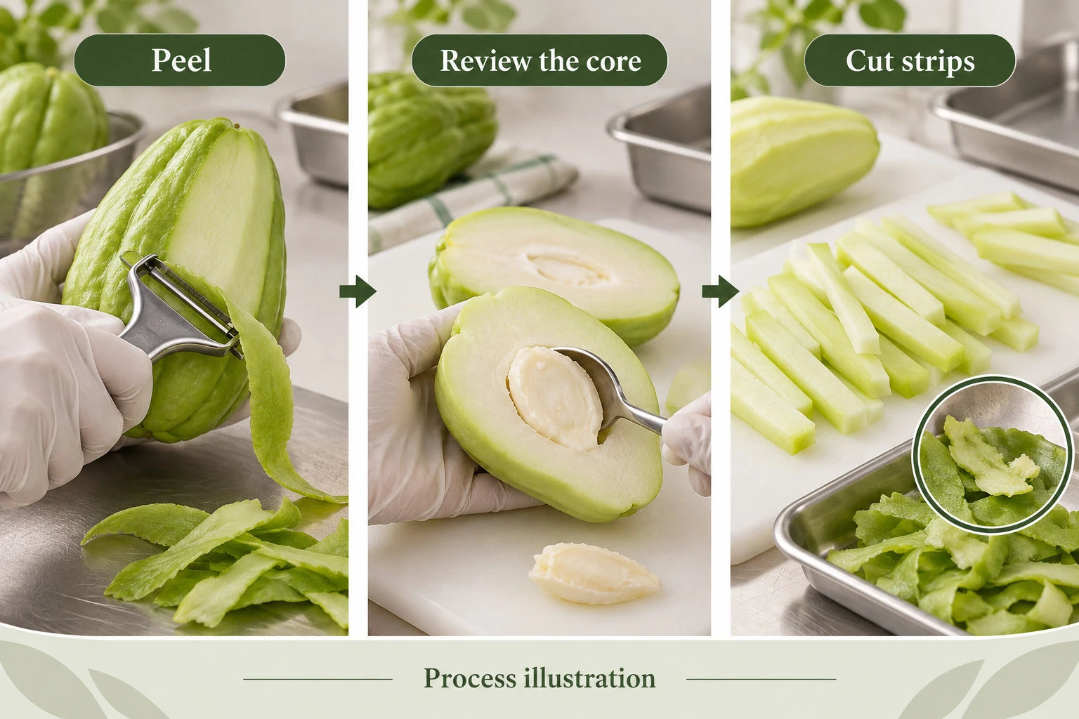 Chayote peel, seed-core review and strip-cut illustration