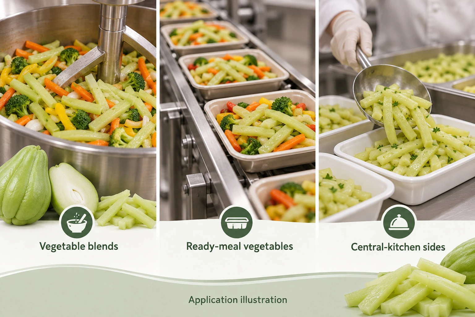 Chayote strips in vegetable blends, ready meals and central-kitchen sides