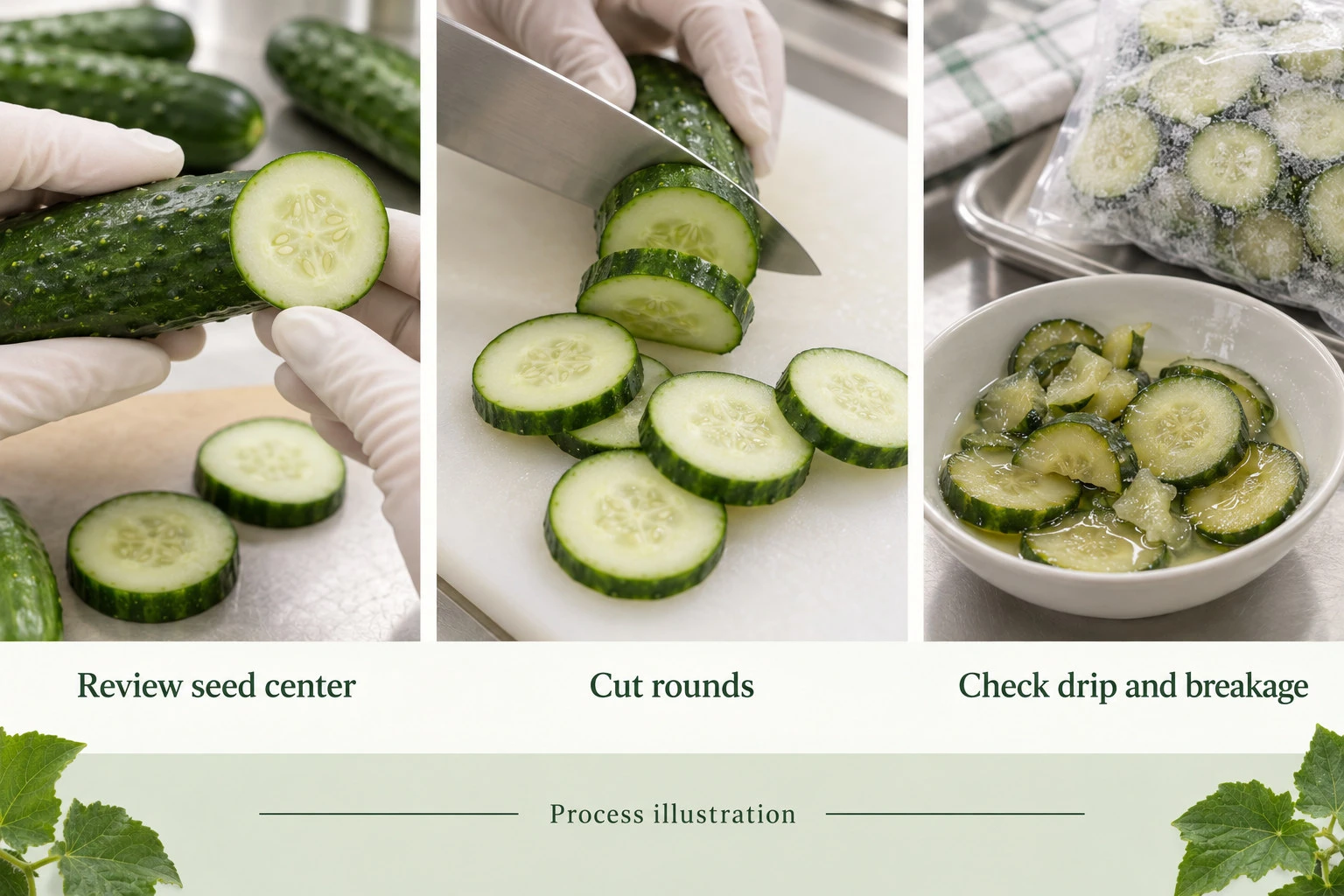 Cucumber seed-center review, round slicing and drip inspection illustration