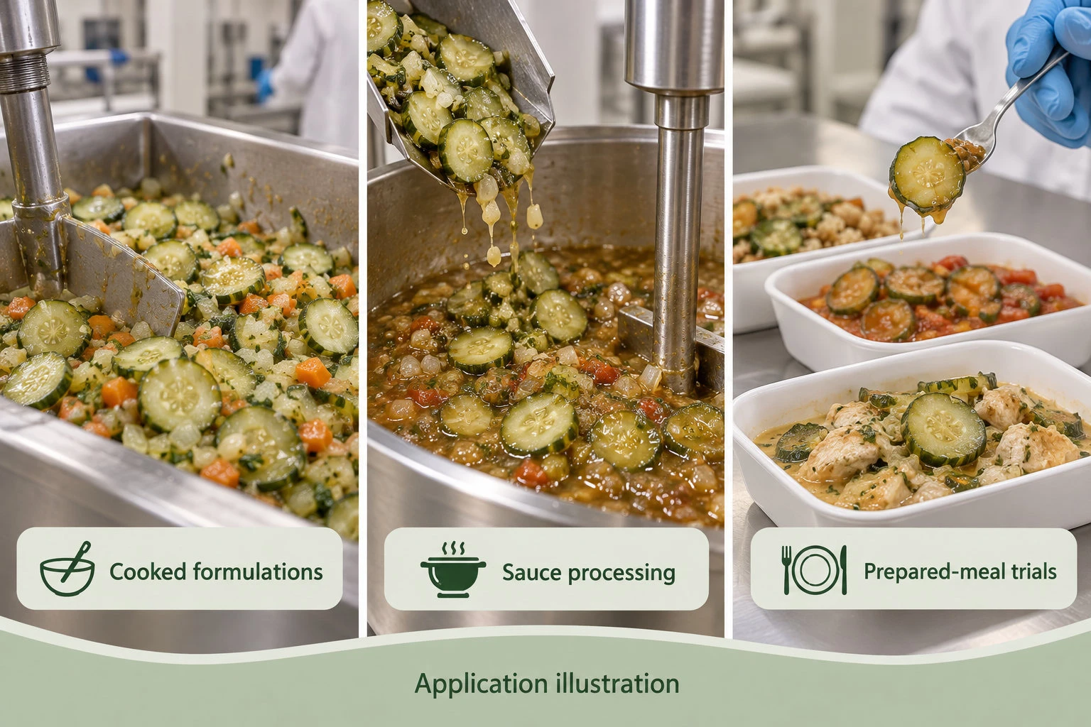 Cooked cucumber rounds in industrial formulations, sauces and prepared-meal trials