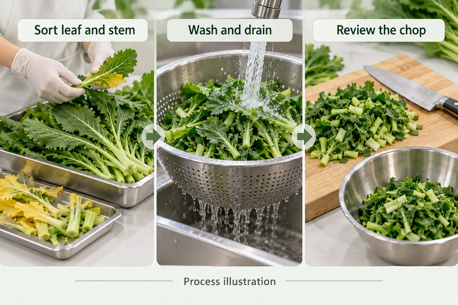 Mustard-green leaf/stem sorting, draining and chopped-grade illustration