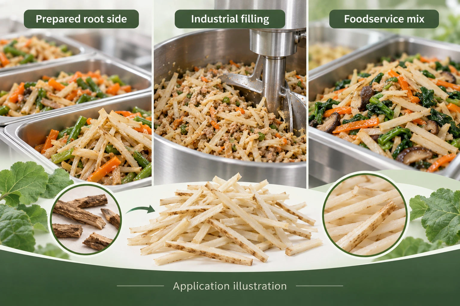 Burdock strip applications in prepared root sides, industrial fillings and foodservice mixes