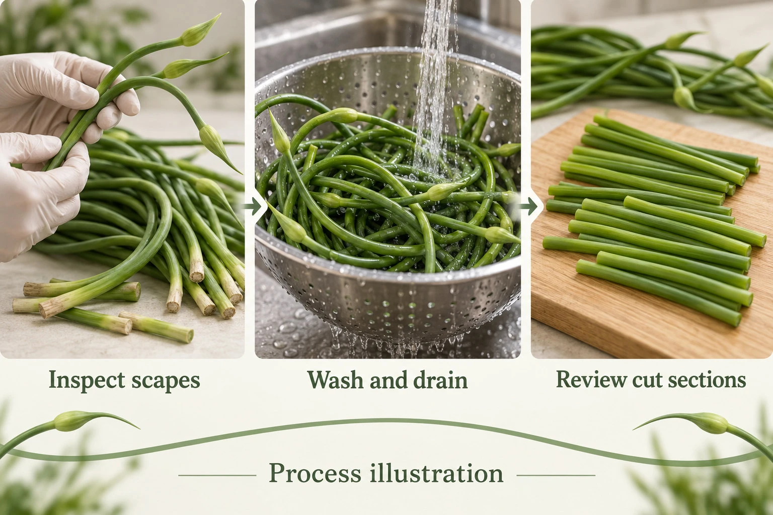 Garlic-scape stalk inspection, washing and tender stem-section cutting illustration