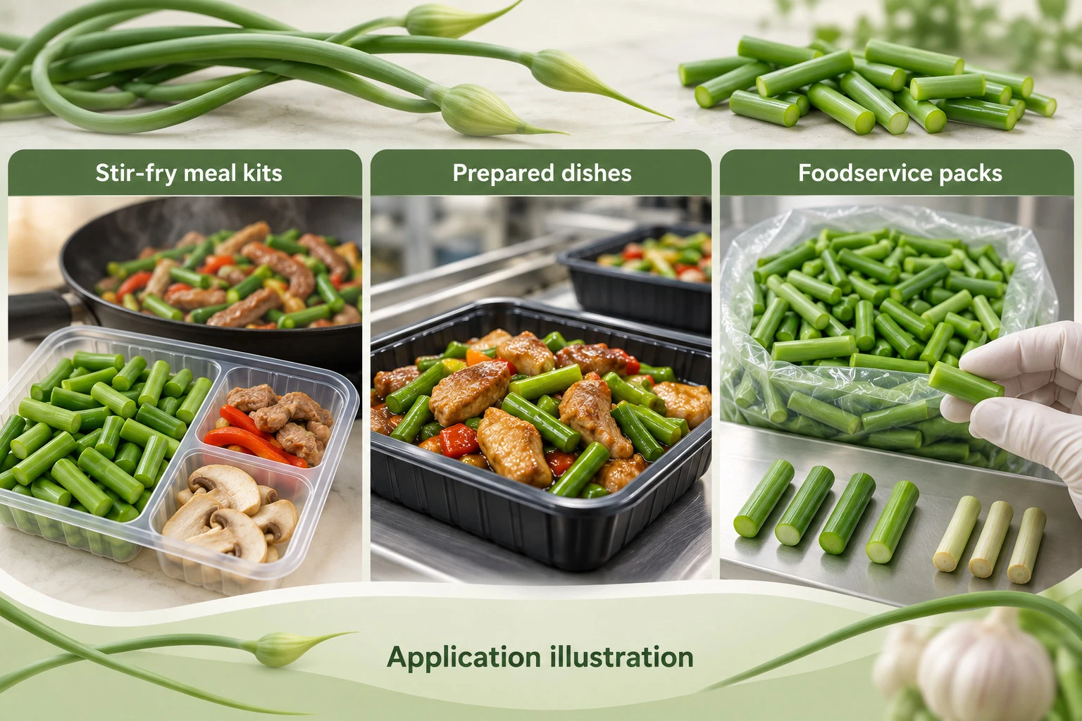 Garlic-scape applications in stir-fry meal kits, prepared dishes and foodservice packs