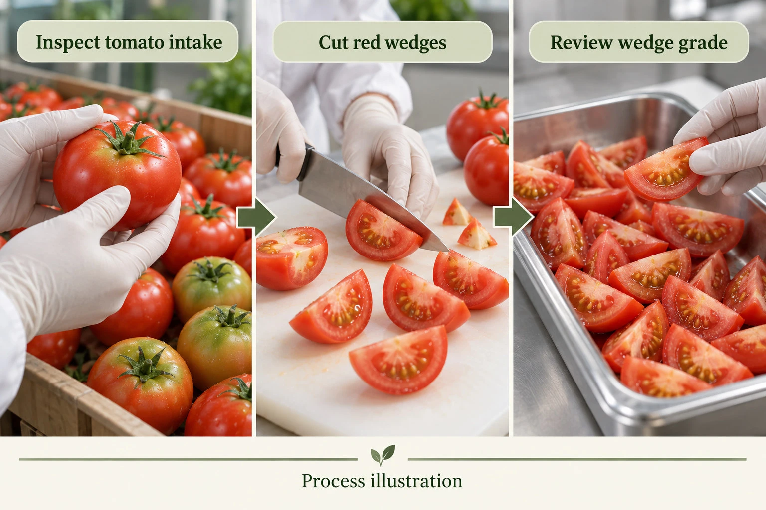 Tomato intake, red-wedge cutting and wedge-grade review illustration