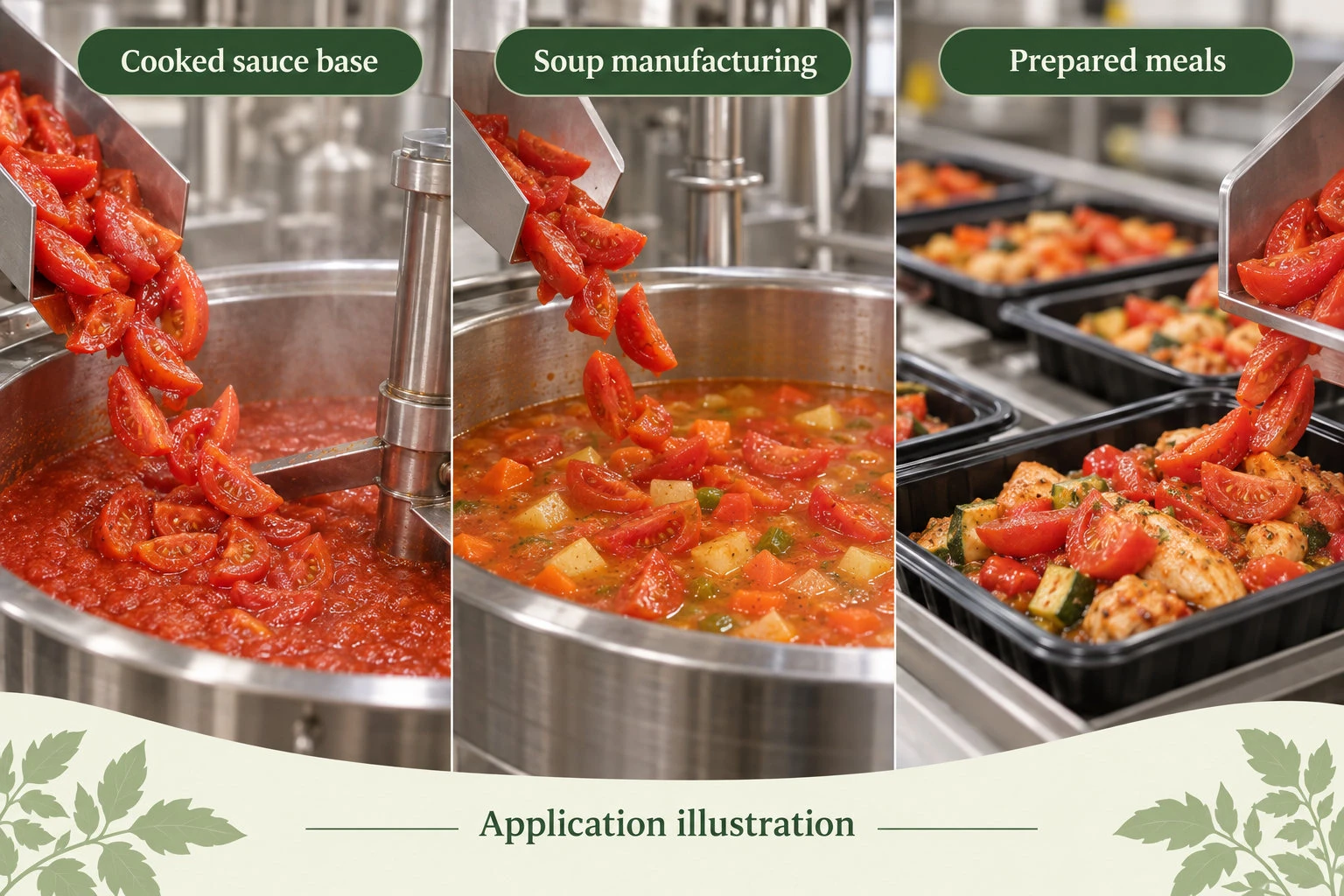 Tomato-wedge uses in sauce, soup and prepared-meal manufacturing